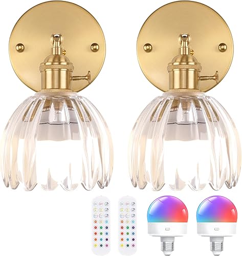 Miniatura 27 de Candelabro de Pared Vintage Operado por Batería con Linda Lámpara de Vidrio Transparente de Tulipán, Luz de Pared Recargable Inalámbrica Alimentada