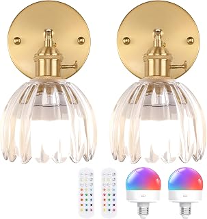 Shenmoyl Vintage Battery Operated Wall Sconces Set of 2 with Clear Tulip Glass Lampshade Wireless Rechargeable Battery Powered Wall Light Decor with Remote Control for Living Room Bedroom