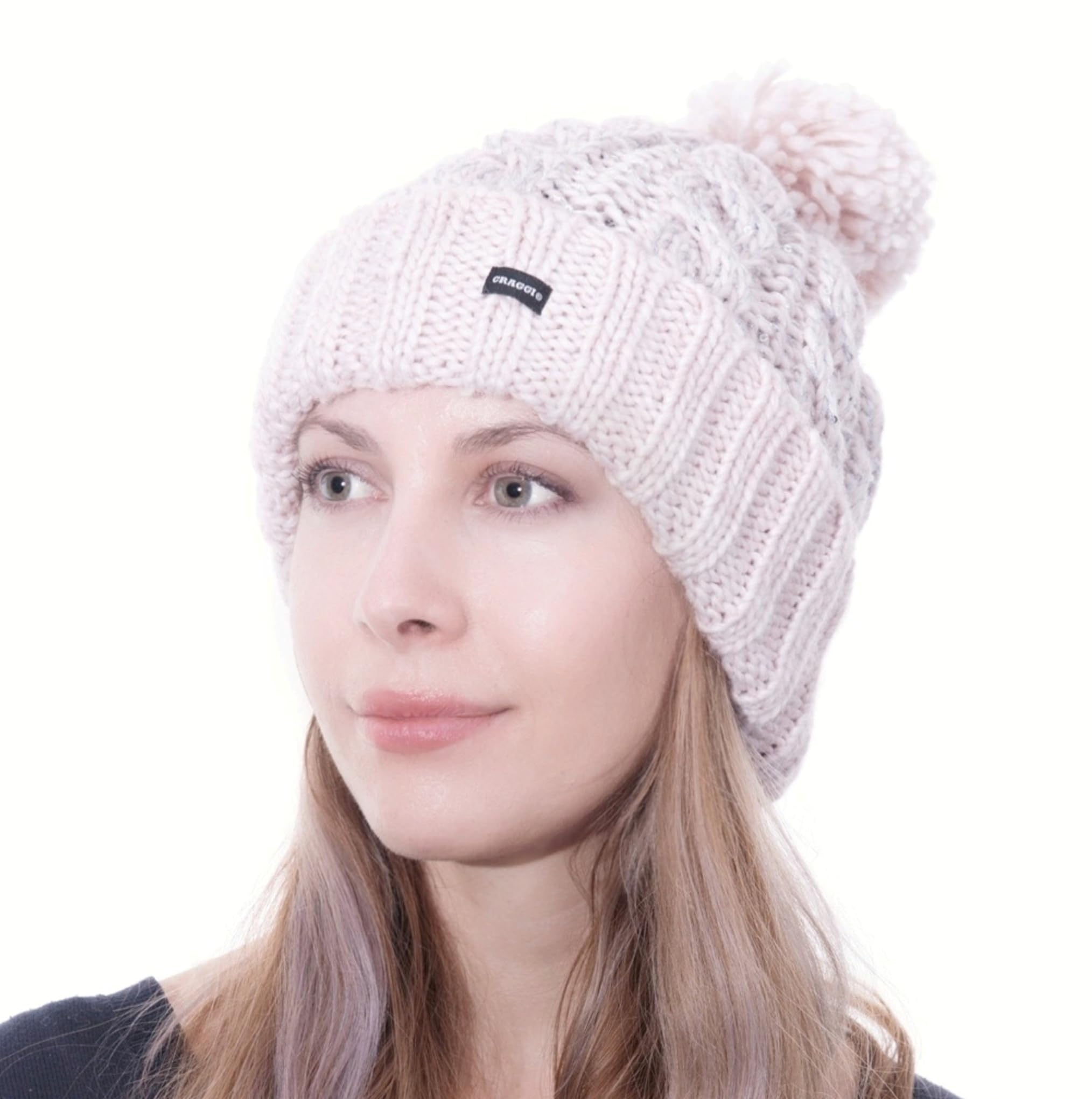 Craggi Bobble Hat Beanie Pink Silver Sequin Cable Knit - Pink