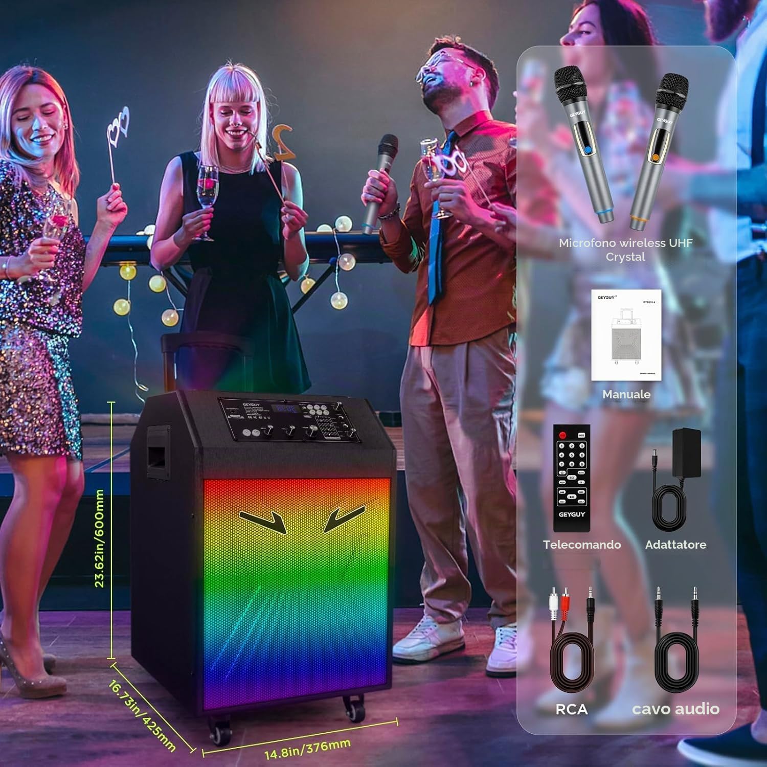Macchina karaoke Ankuka con 2 microfoni wireless Bluetooth, impianto PA con ruote e luci da discoteca, supporta TV/TWS/EQ/AUX/USB/TF/Rec per feste, compleanni