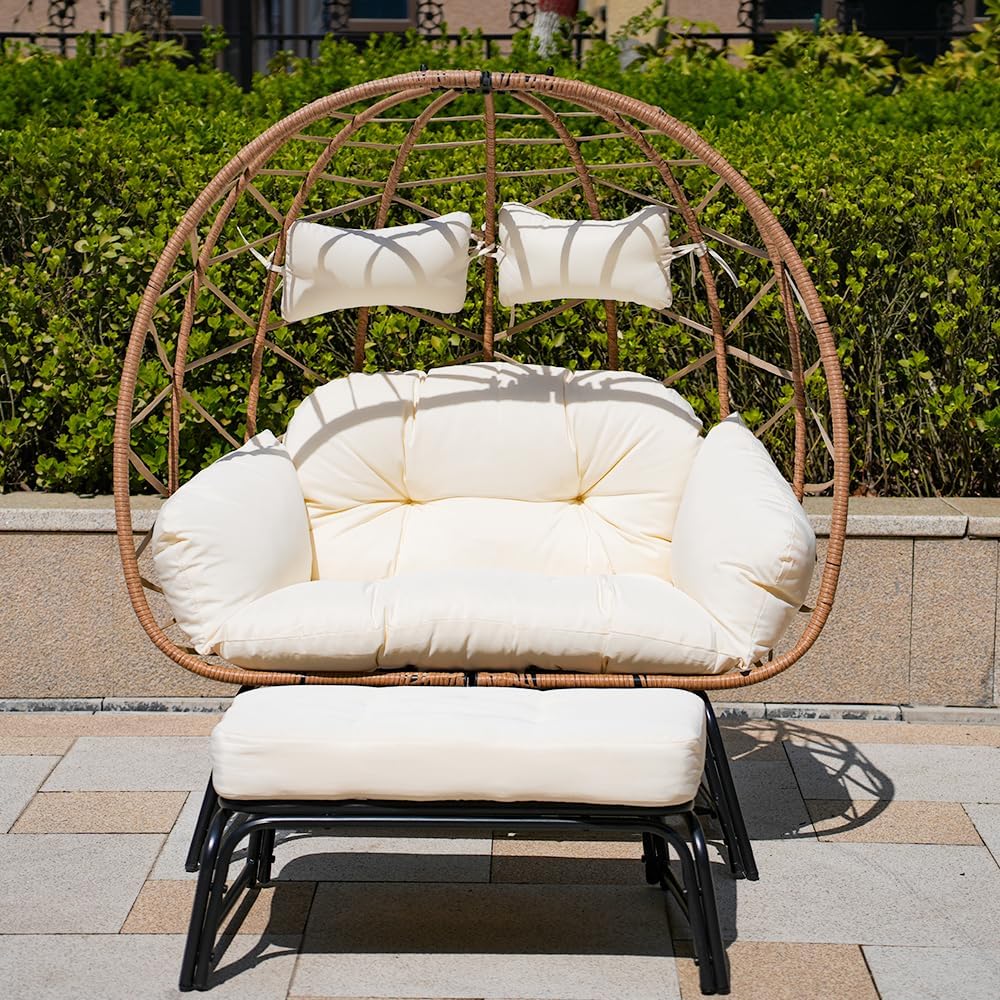 2 Person Outdoor Egg Chair w/Ottoman PE Rattan Patio Wicker Papasan Chair w/Cushion for Bedroom Living Room Balcony Backyard (Offwhite)