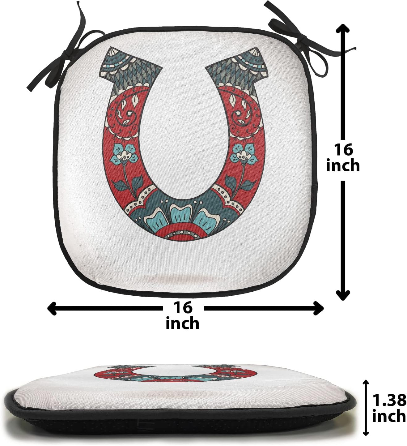 Lunarable Horseshoe Chair Cushion Pads Set of 2, Floral Ornament Curve Western Culture Success Lucky Nature, Anti-Slip Seat Padding for Kitchen & Patio, 16"x16", Ruby Slate Blue
