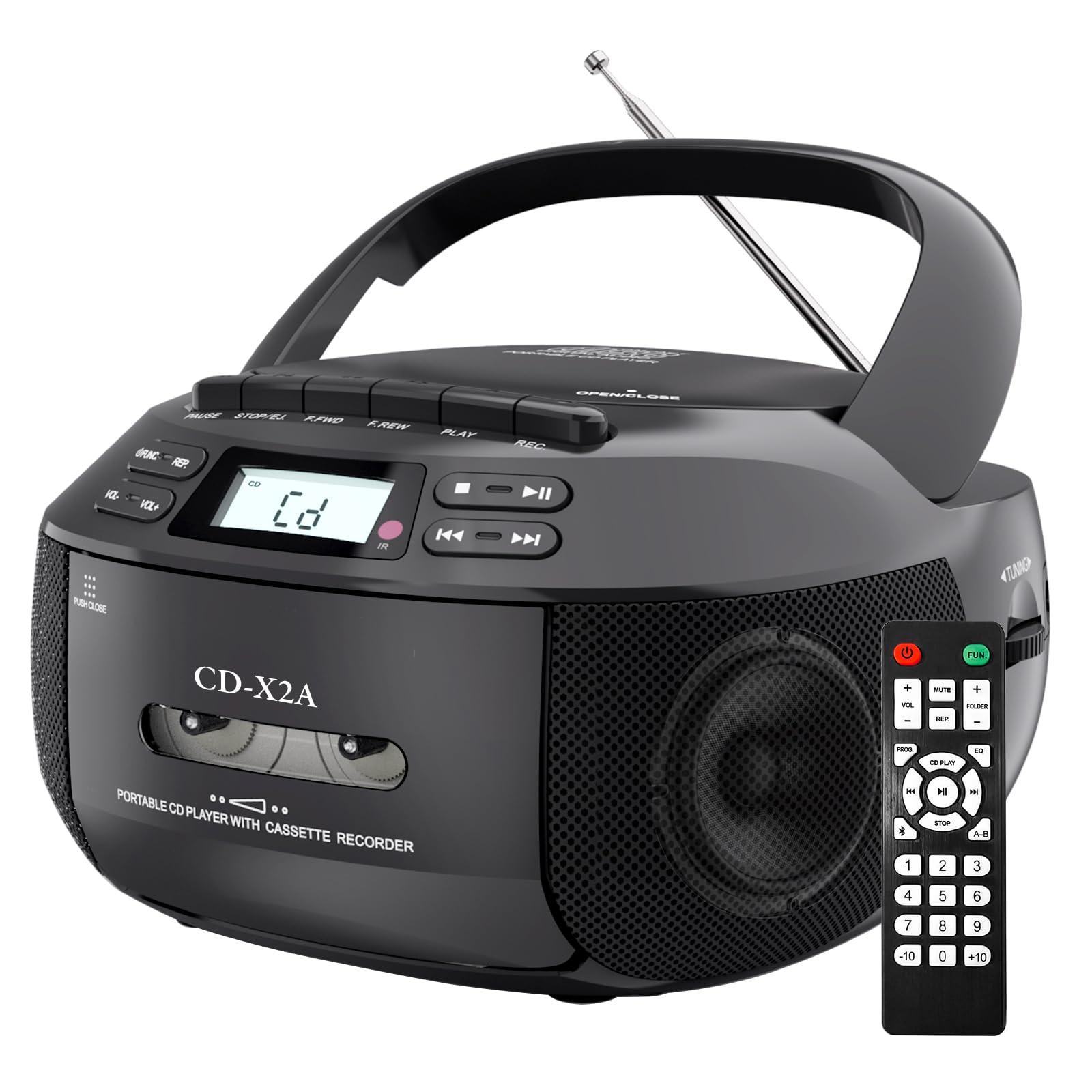 Lettore CD Boombox con Bluetooth, radio AM/FM, telecomando, suono stereo, AUX/USB, registrazione su nastro, alimentazione CA/CC, jack per cuffie, display LCD