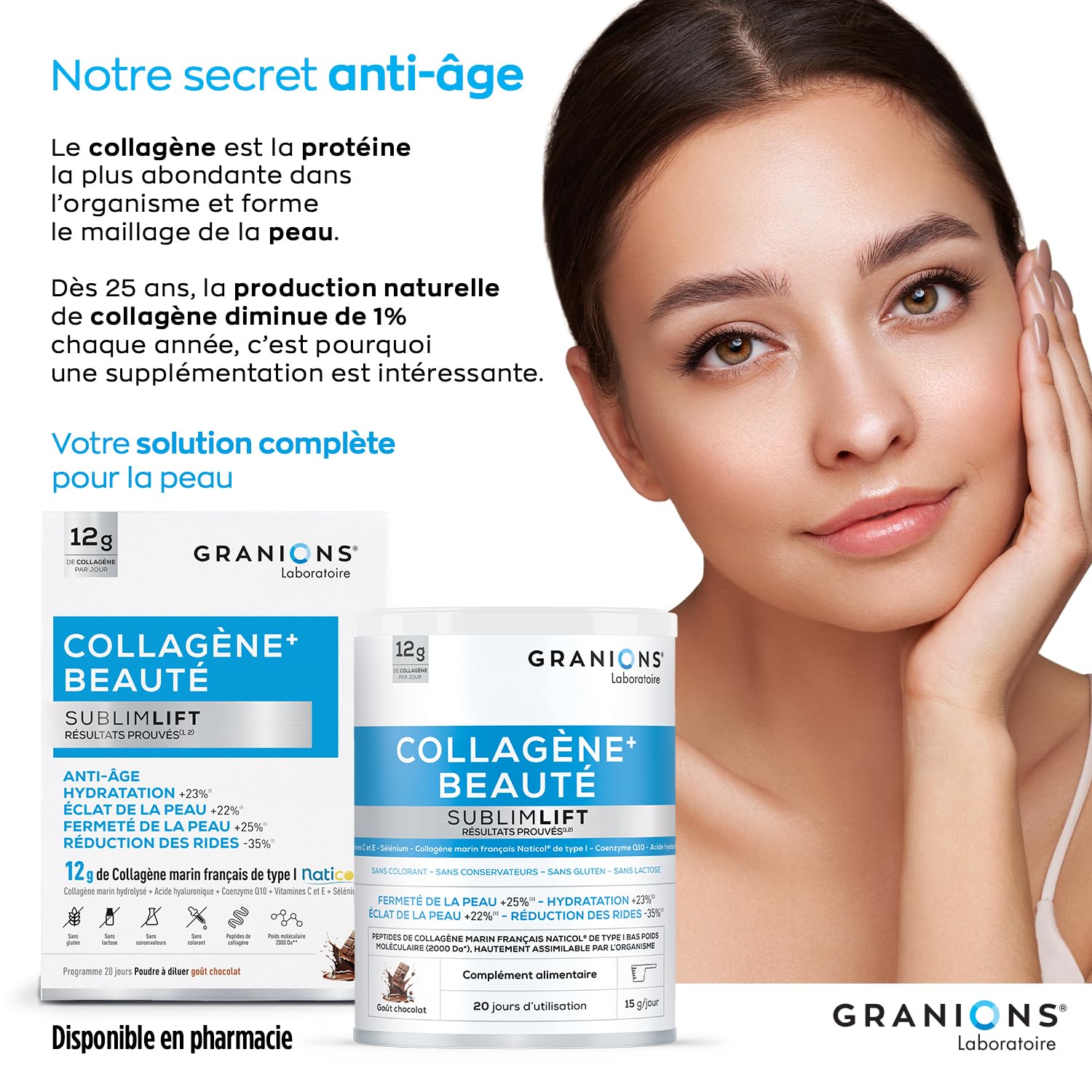 COLLAGENE MARIN BEAUTE SUBLIME LIFT GRANIONS - Collagene Marin - Acide Hyaluronique - Vitamine C - Coenzyme Q10 - Collagène - Peptide de Collagene - Goût Chocolat 300g