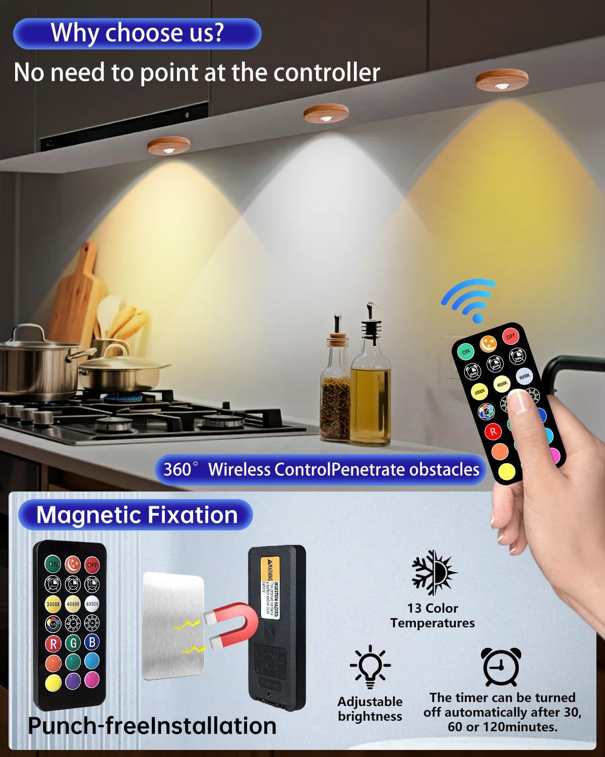 Puck lights with remote, 2000mAh rechargeable cabinet light, Under Cabinet Lighting Wireless, Display Cabinet, Dimmable Magnetic Stick-On Shelf , push lights battery operated，(Wood Color, 3 Pcs)