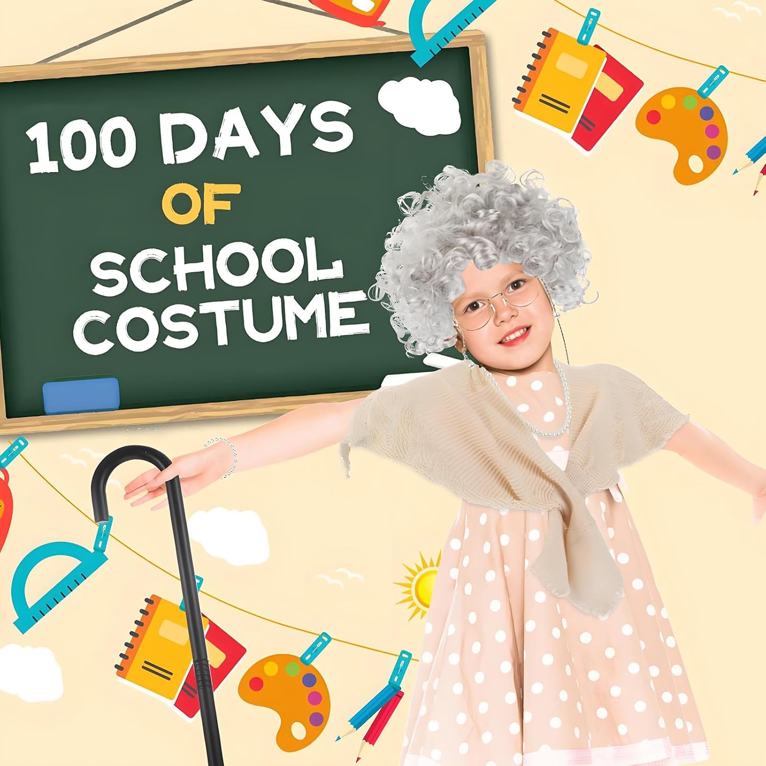 100 Days of School Costume, 9 Pcs Old Lady Costume for School 100th Day Grandma Dress Up Outfit for Students - Image 5