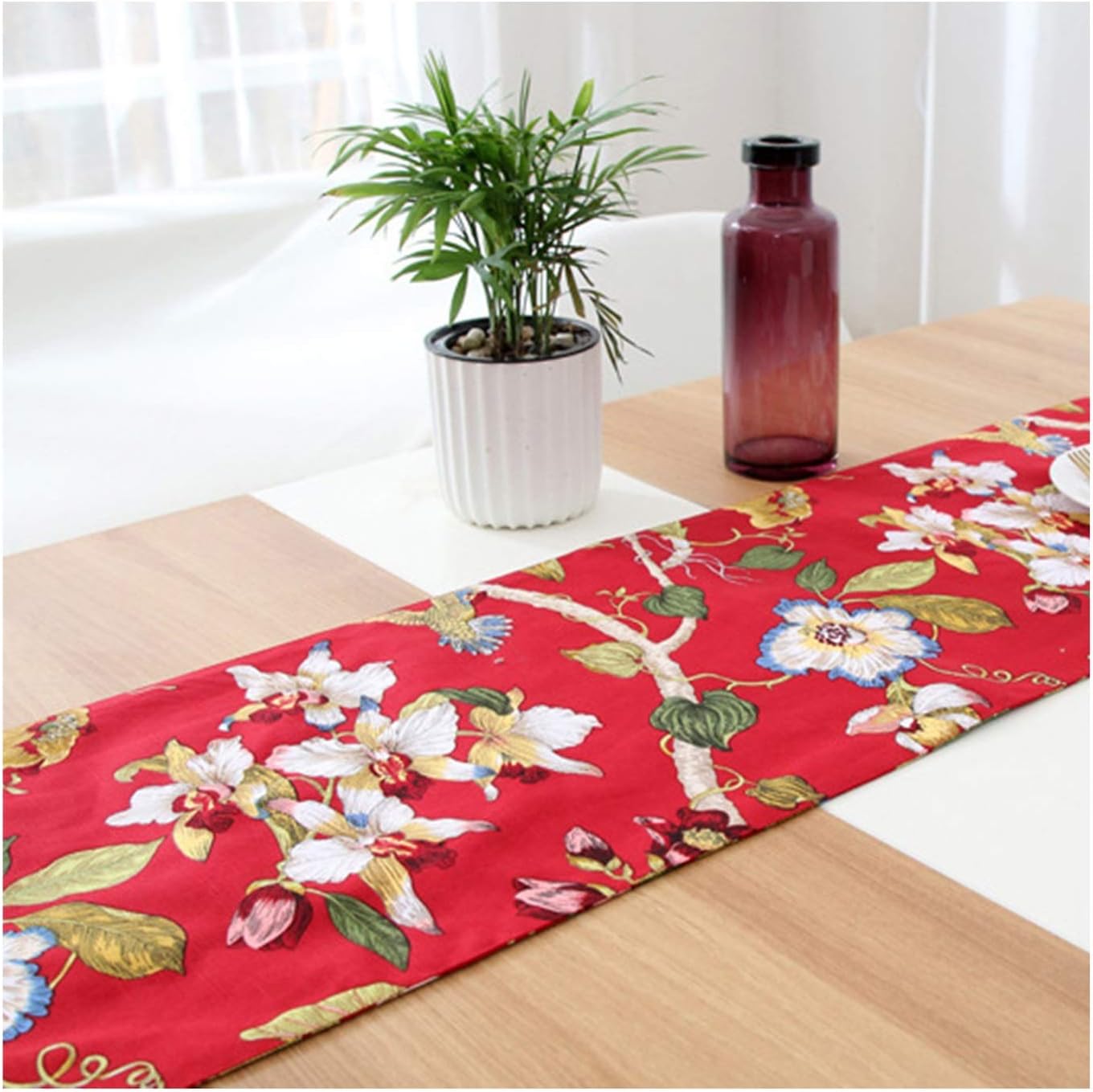 Dinner Table Runner, Cotton Flower Pattern with Tassel Table Runner for Daily Use Kitchen Dining Banquet Holiday Dark Coffee, 11.81 x 86.61 Inches