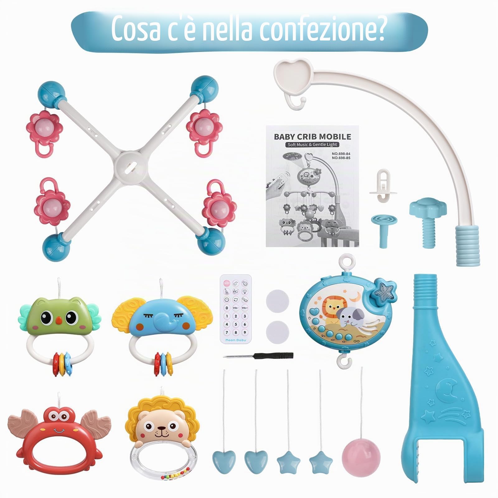 Mini Tudo Bambino Mobile per Culla con Proiezione di Stelle e Funzione di Cronometraggio,Telecomando Scatola Musicale con Muisc e Night Lights,Sonagli Rotanti Giocattolo per neonati 0-24 mesi