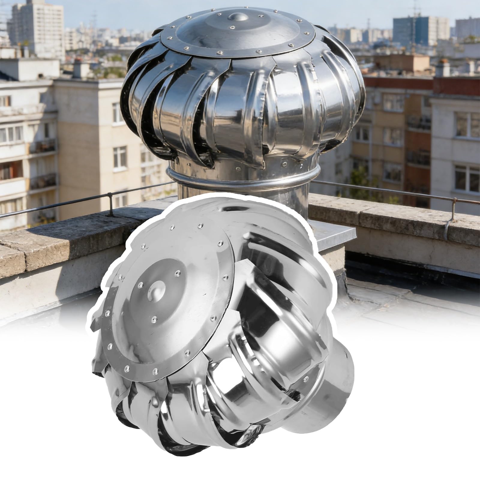 SDCFFC 450mm/18in, 304 Stainless Steel Exhaust Cap Roof Flue Vent, Round Air Vent Outlet 8" 12" 14" 16" 18" 20" 24", with Wind Turbines, Sturdy and for Chimney