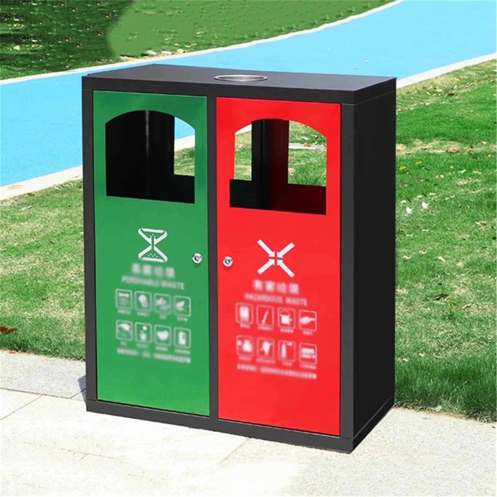 Grande contenitore per rifiuti Cestino for rifiuti doppio da esterno for aree pubbliche commerciali con posacenere in metallo Patio