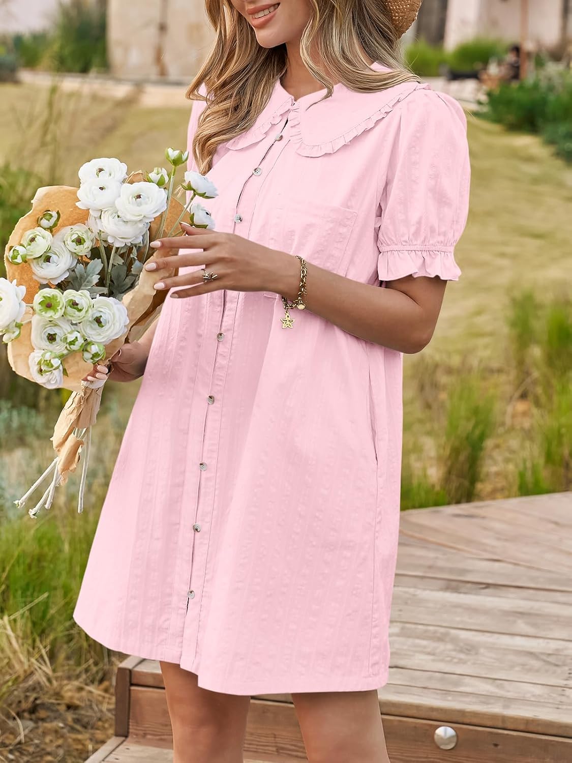 Cicy Bell Womens Puff Sleeve Peter Pan Collar Mini Shirt Dress Button Down Summer Casual Textured Short Dresses with Pockets - Image 3