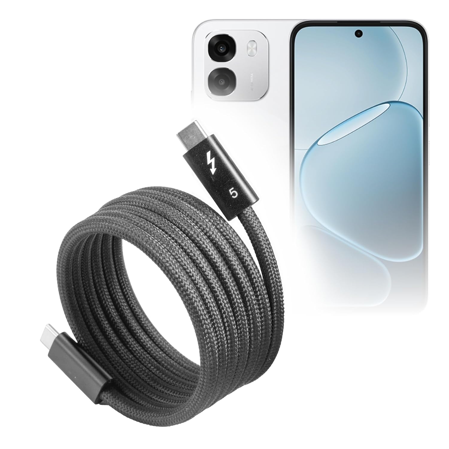 BoxWave Cable Compatible with Oppo A6t Pro 4G - SnapWrap Thunderbolt 5.0 Cable (5ft 240W), Magnetic Self-Coiling Nylon Braided Retractable - Jet Black