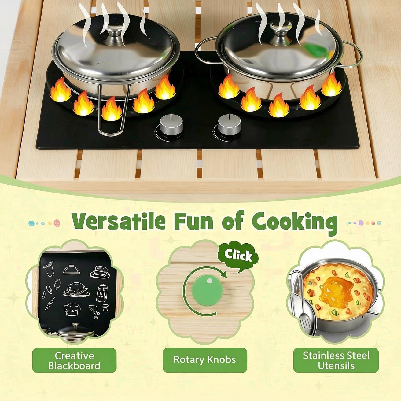 HOMASIS Cuisine Extérieure Enfant, Cuisine de Boue en Bois avec 4 Pots de Fleurs, Tableau Noir, Réservoir d'eau, Évier, Robinet, Placard, Étagère de Rangement, Jouet de Simulation pour 3 Ans+