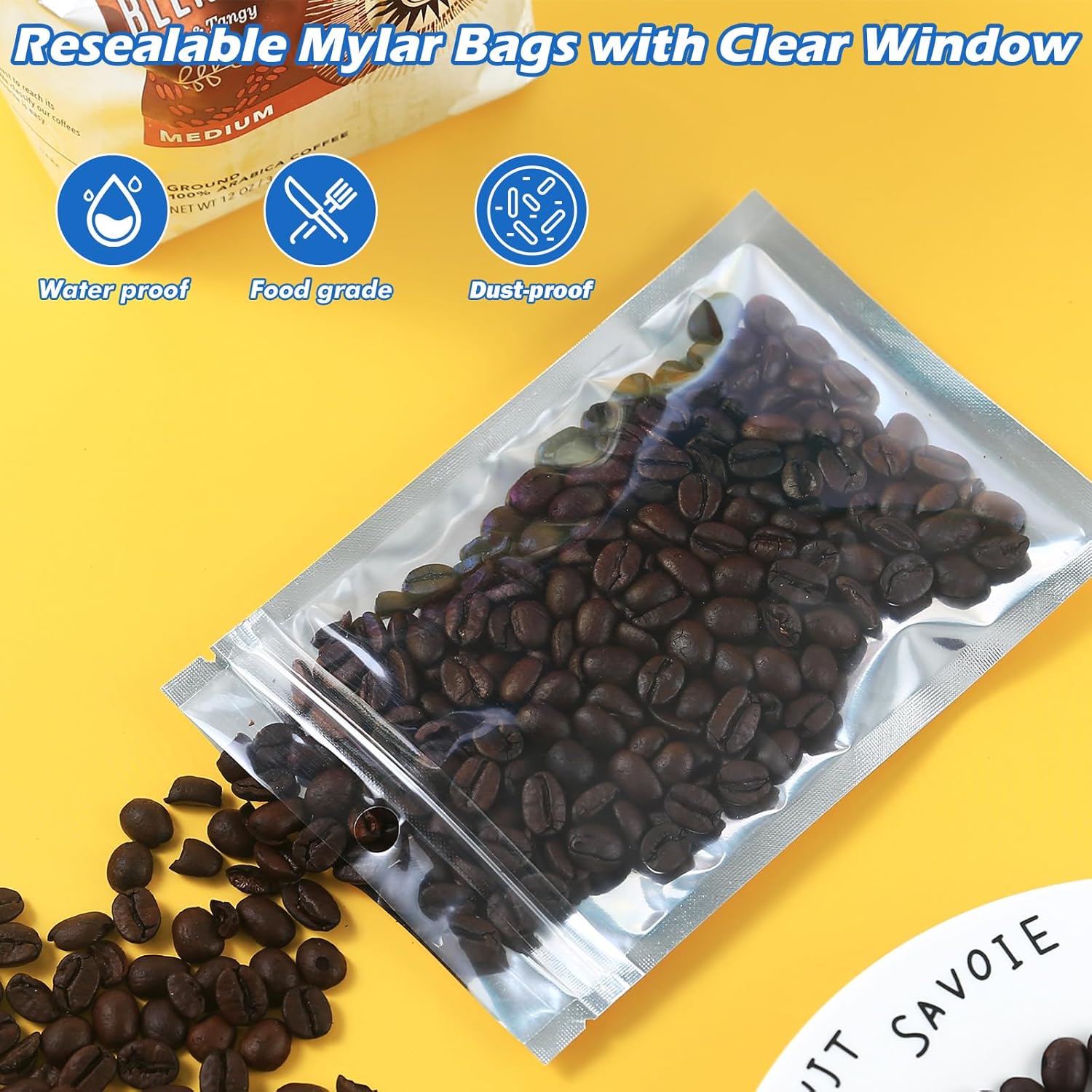 300-Pack Reclosable Large Mylar Bags for Food Storage 7.1" x 10.2" 1 Quart Pouch Bags in Bulk Resealable Smell Proof Aluminum Silver Foil Bag with Clear Window Kitchen Storage Edible Packaging