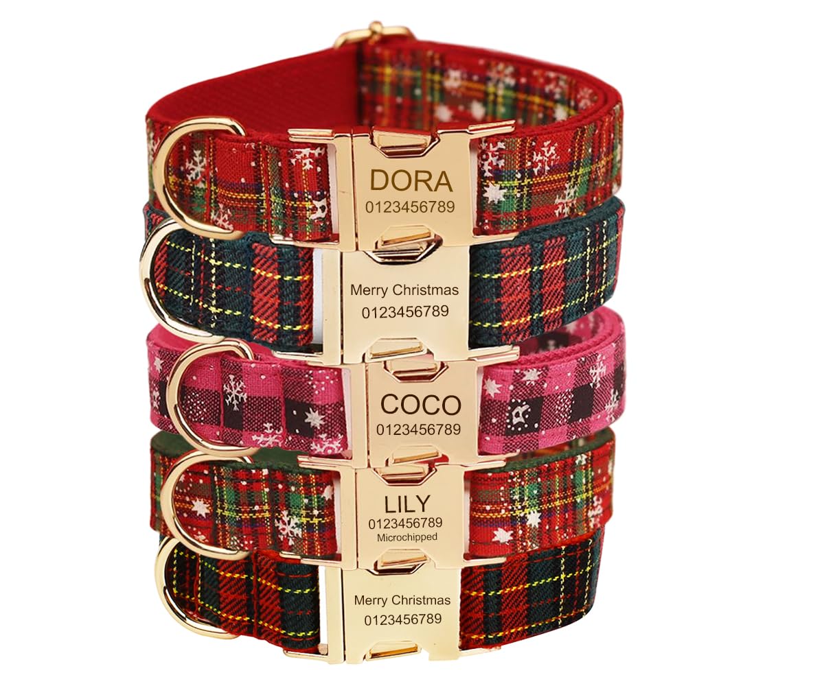Custom Dog Collar with Metal Buckle - Pet Collars Personalized with Name and Phone Number (Christmas Pattern)