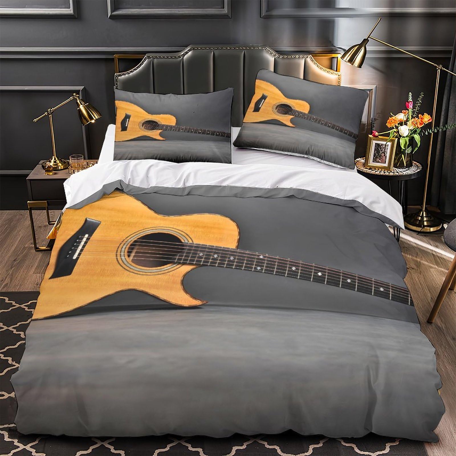 Parure de Lit Guitare Acoustique Imprimée 3D en Microfibre Hypoallergique Résistante 140x200