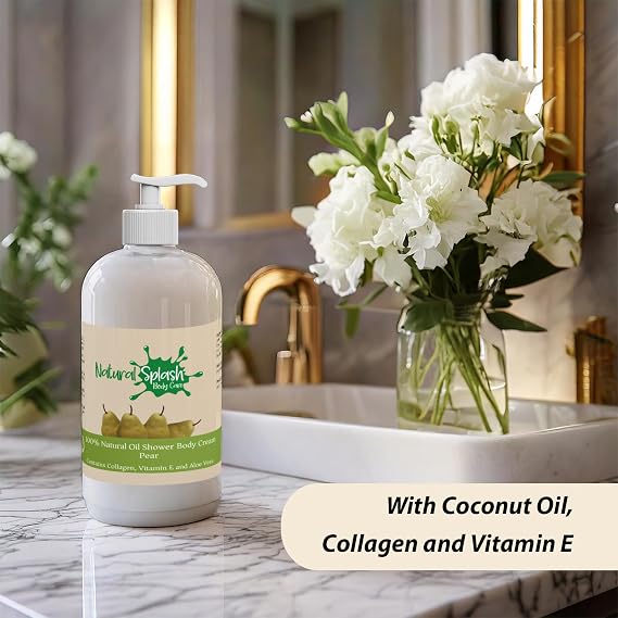 Shower Body Cream - Pear with Shea Butter, Collagen, Vitamin E and Aloe Vera - Moisturizing, Nourishing, and Soothing Skin Care - By Natural Splash.
