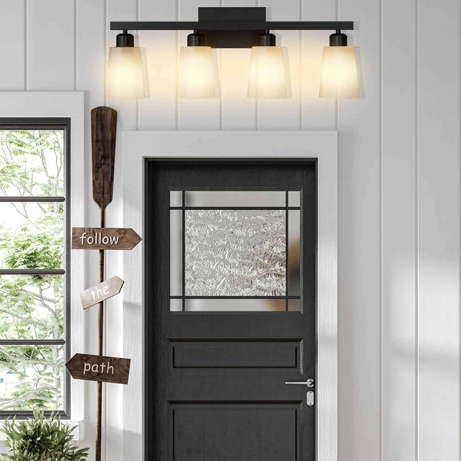 Lightdot 4 Light Bathroom Vanity Light, 26.5" Black Bathroom Light Fixtures with Frosted Glass Waterproof Shades, Rust-Proof Modern Vanity Lights Over Mirror for Kitchen Hallway Cabinet Porch