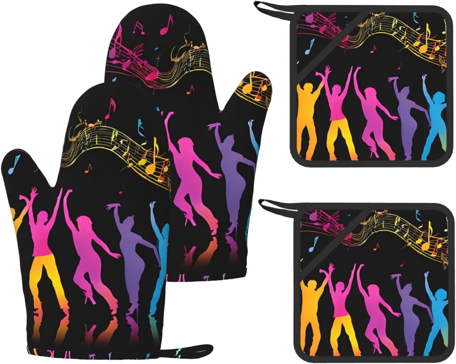 Dance with Music 4pcs Oven Mitts and Pot Holders Sets for Kitchen, Silicone Oven Gloves Non-Slip Potholders Hot Pads for Baking Cooking
