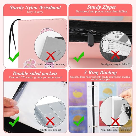 AULEEP Trading Card Binder 4 Pockets 520 Cards Collection Top Loading Cards Album, Kpop Album Easy Carry DIY Stickers Holder Removable Photocard Binder for Yoto TCG, MTG Cards, Pink