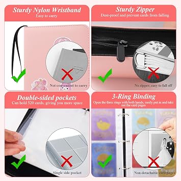 AULEEP Trading Card Binder 4 Pockets 520 Cards Collection Top Loading Cards Album, Kpop Album Easy Carry DIY Stickers Holder Removable Photocard Binder for Yoto TCG, MTG Cards, Pink