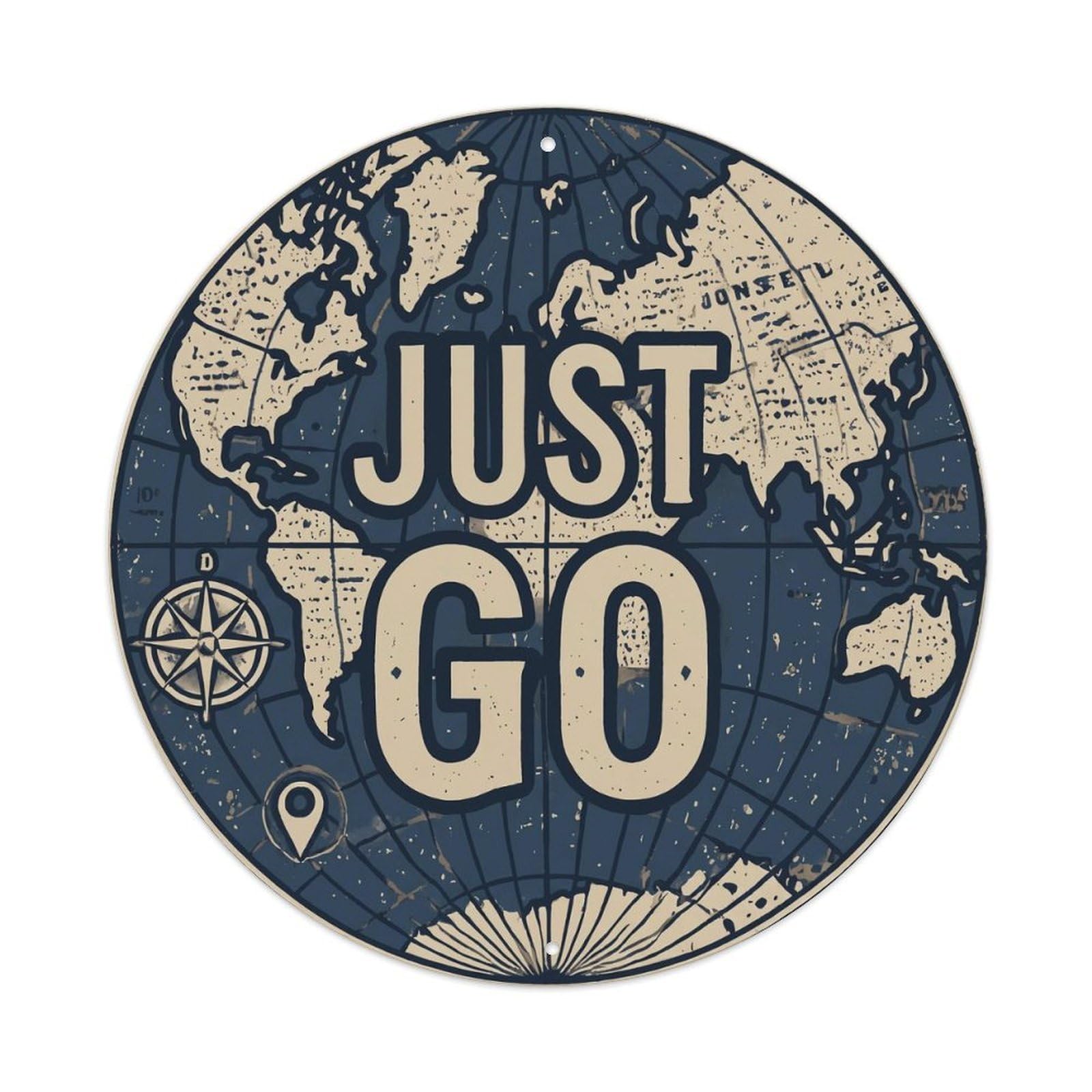 Vintage World Map with Compass Just Go Trekker Metal Tin Sign