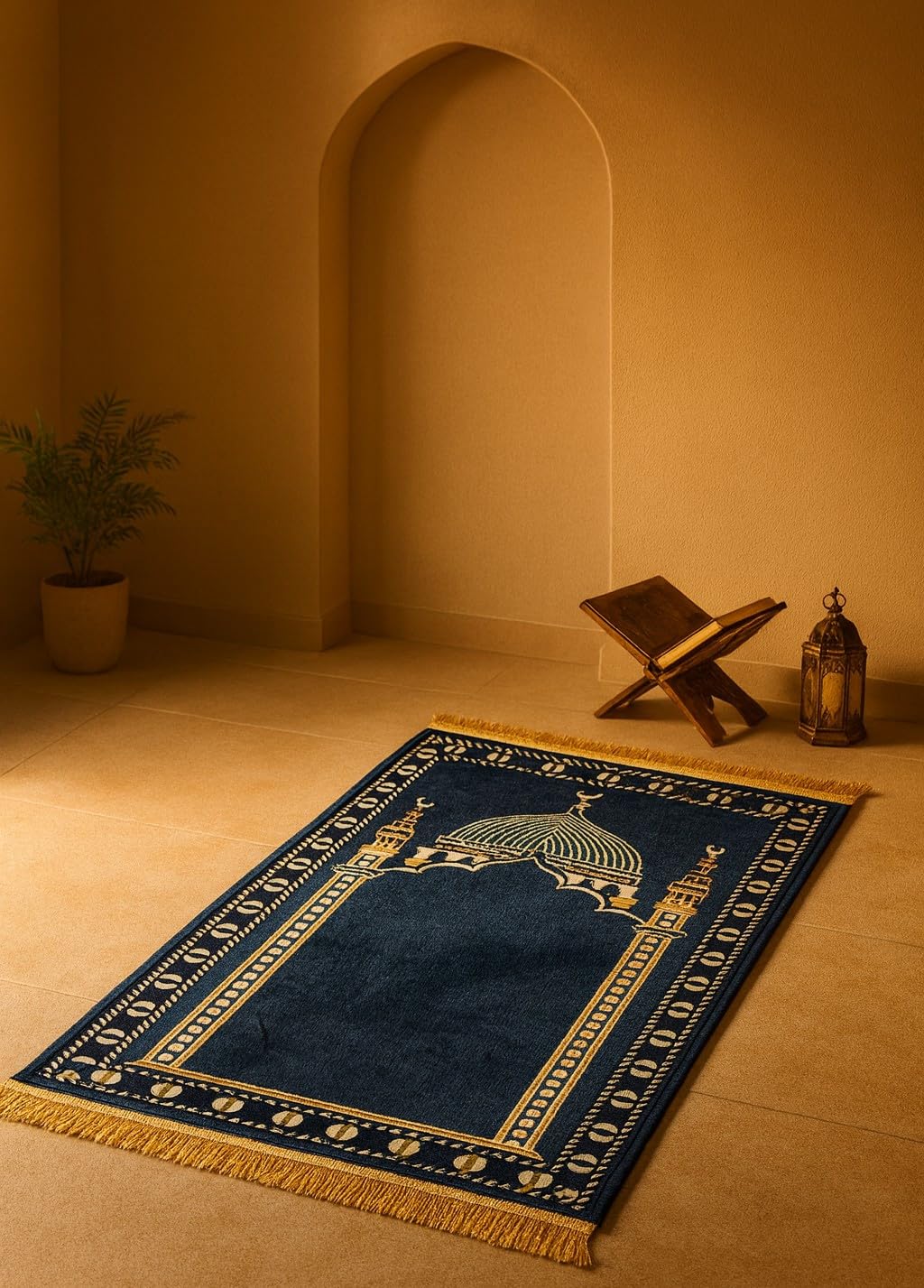 Tappeto Da Preghiera Islamico Rettangolare Blu Con Motivo Ad Arco E Frange (Blu e oro, IT-70x110 cm)