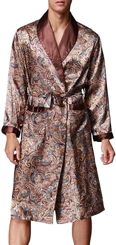 Mens Bath Robe Satin Sleepwear Housecoat, 45" inch Long Kimono Dressing Gown, Spa Robe Nightwear with Belt,L-XXL, Multicolor & Fashion Styles