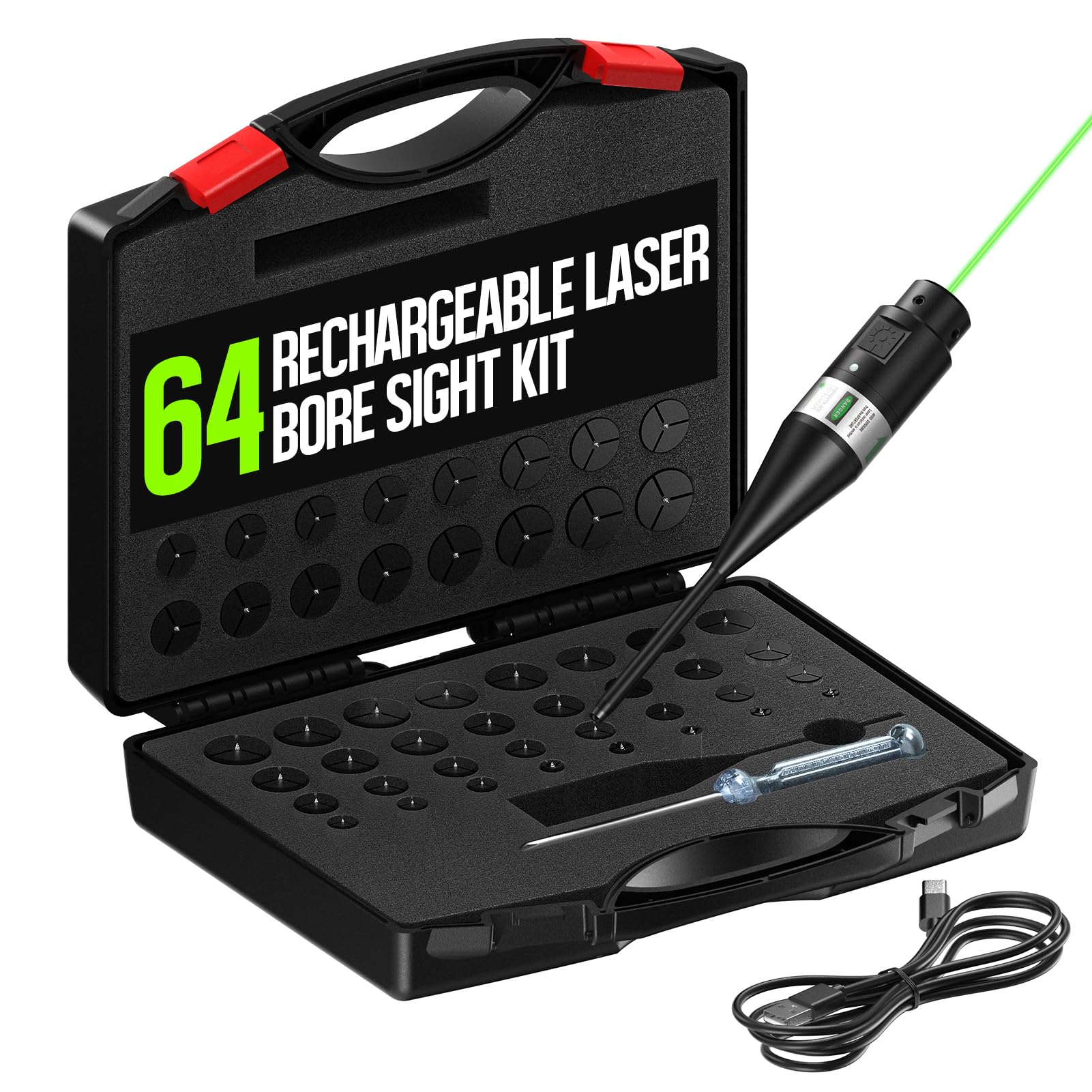 Feyachi Rechargeable Laser Bore Sight Kit with 64 Adapters fit 0.17 to 12 GA Calibers Green/Red Multi-Caliber Laser Bore Sighting Kit