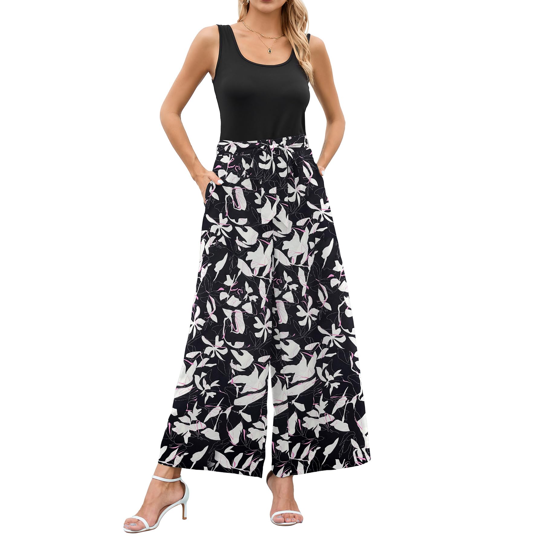 WitsmileWide Leg Jumpsuit with Pockets Women's Summer Sleeveless Pleated High Waist Casual Jumpsuit Romper