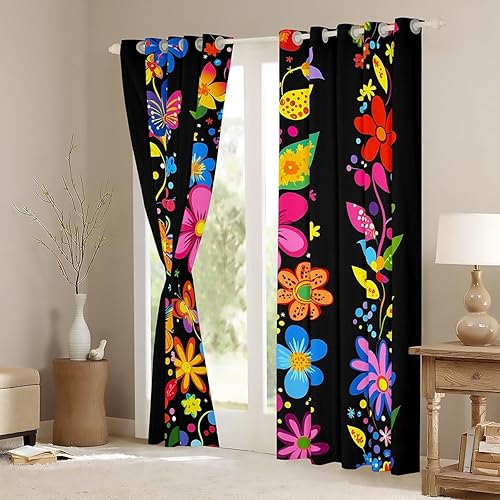 Miniatura 54 de Erosebridal Cortinas retro de los años 60 y 70 de 84 x 63 pulgadas, cortinas opacas rústicas de flores psicodélicas para hombre y mujer, diseño