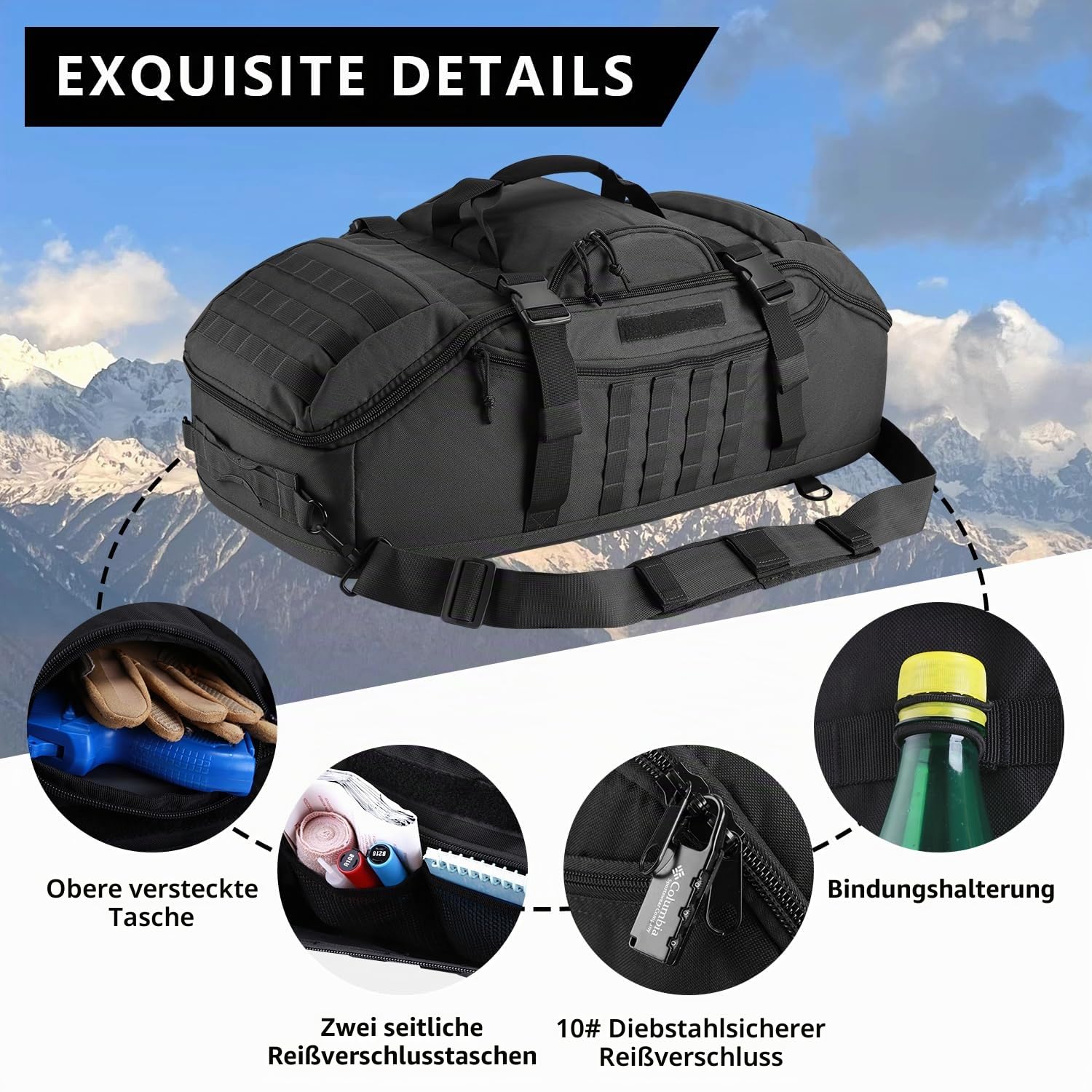 Große Reisetasche, 3-in-1 taktischer Rucksack, MOLLE-Pack für Sport, Fitnessstudio, Outdoor, Schwarz, 65L, Aktivitäten im Freien