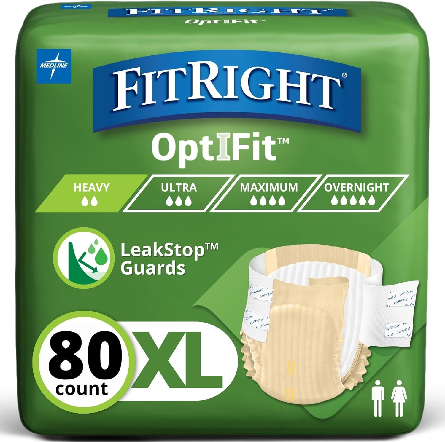 FitRight Adult Diapers, Extra+ Heavy Absorbency, L (Waist Size 44in-56in), 80 Count, OptiFit Incontinence Briefs for Men and Women, Disposable, Moisture-Wicking, Leak Protection.