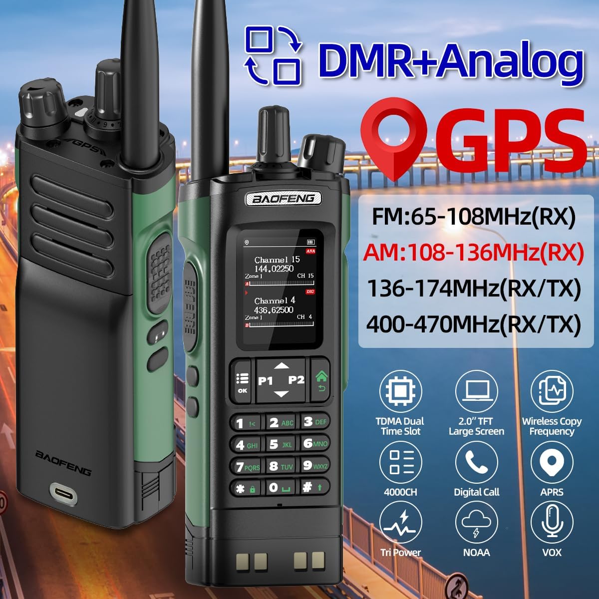 Ham Radio BAOFENG DM32 DMR Radio Handheld Rechargeable Walkie Talkies Long Range DM32UV 5RM Two Way Radio NOAA Weather Radio with GPS, Copy Frequency 2500mAh Battery USB-C Charging with Radio Holster
