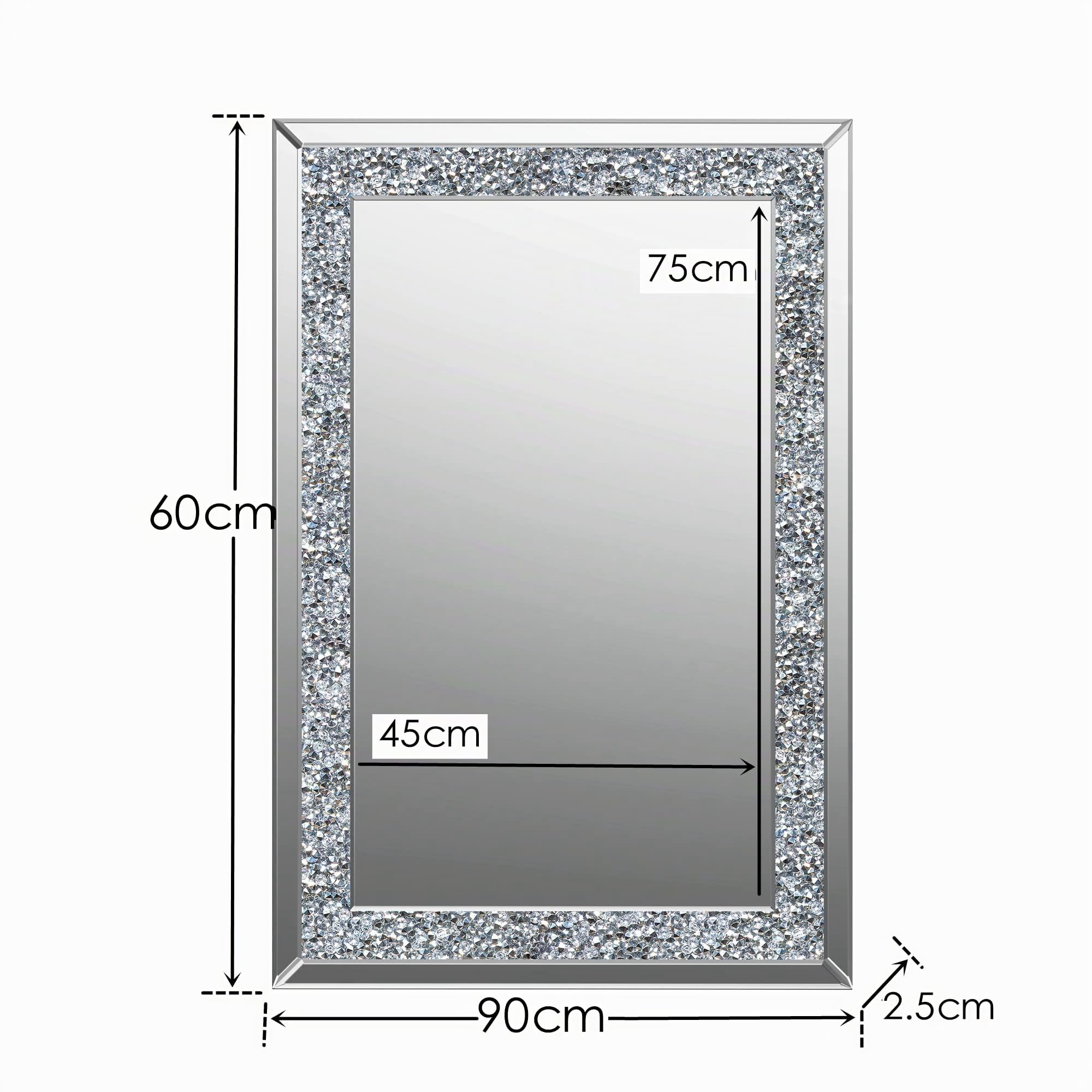 SHYFOY Specchio da Parete Rettangolare | Specchio Decorativo da Parete con Decoro Diamante in Cristallo | Specchio Grande e Lussuoso per Bagno Soggiorno Camera da letto Ingresso | 90 x 60 cm |