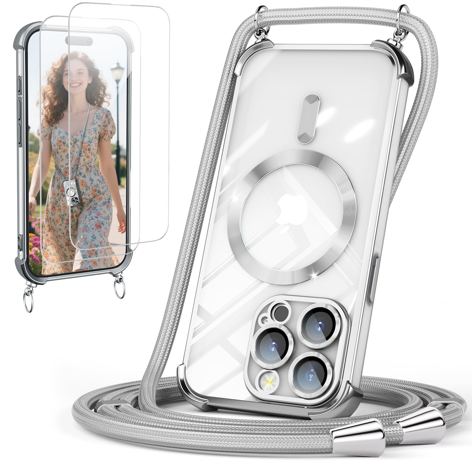 GOODVISH Handykette für iPhone 17 Pro Max Hülle mit Band, Silber | mit 2 Stück Schutzfolie, mit Kamera Schutz, Necklace Handyhülle mit kette, Transparent 360° Schutz Magnetisch Case 6,9