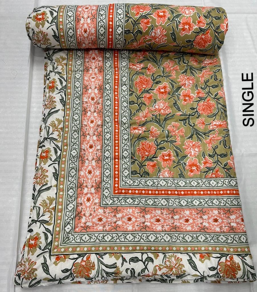 Pure Cotton Jaipuri Razai Elite Floral Design Single Bed Quilt Reversible Soft & Lightweight Rajasthani Traditional Razai for Winter and Summer Blanket (Multicolor)