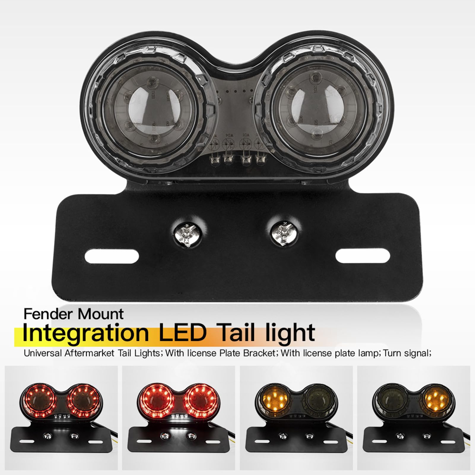 LED Round Motorcycle Tail Light With Turn Signals & License Plate Bracket – Red