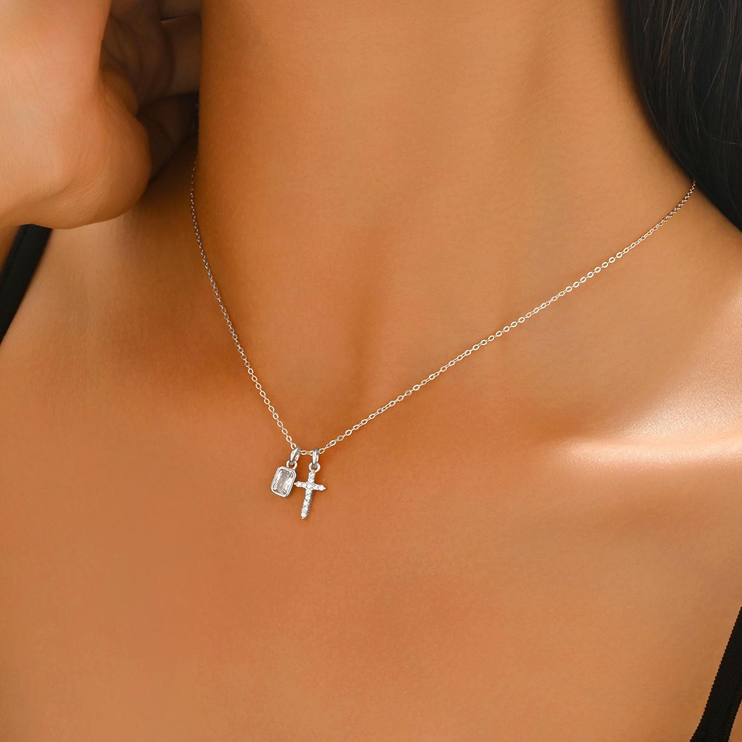 925 Sterling Silver Dainty Cross Necklace for Women 14K Gold Plated Cubic Zirconia Cross Faith Pendant Necklaces to Daughter Mom Simple Diamonds Crucifix Charm Chain Mother's Day Easter Jewelry Gifts