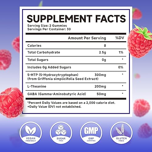 Miniatura 2 de Paquete de 2 gomitas 5-HTP de 300 mg, suplemento 5-HTP con 200 mg de L-teanina y 50 mg de GABA, suplementos GABA para apoyo cerebral y Zzz, sin