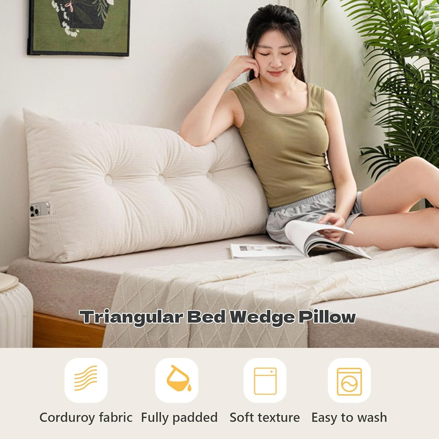 Headboard Pillow, Triangular Bed Wedge Pillows with Side Pockets, Back Lumbar Support, Reading Bolster Cushion for Bed Dorm Sofa(Blue,23.6x15.7in)