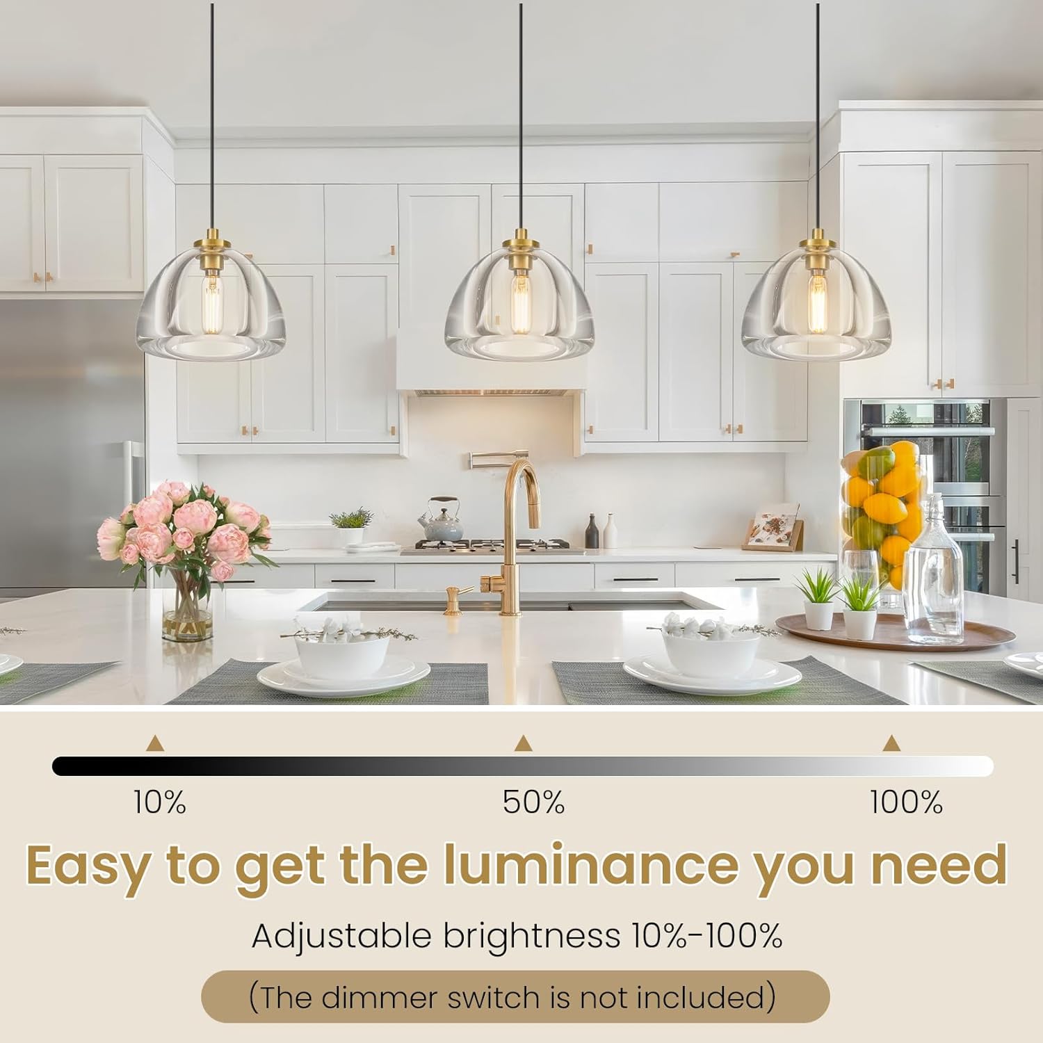 Crystal Pendant Light Kitchen Island: 7" Vintage Brass Hanging Lights above Dining Table - Modern K9 Crystals Lighting over Kitchen Sink - Luxury Gold Hemispher Pendants Light Fixtures Bulbs Included