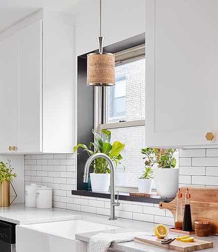 Miniatura 3 de Kira Home Chandler - Lámpara colgante moderna de 14 pulgadas + pantalla cilíndrica de corcho natural, acabado de níquel cepillado