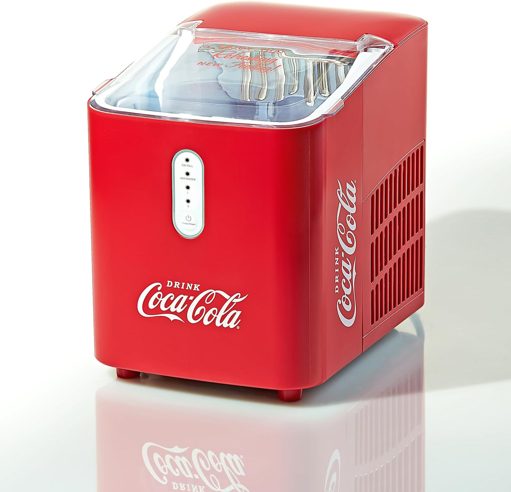 Coca-Cola Automatic Ice Maker, Self- Cleaning, Countertop Size, 26 Pounds in 24 Hours, 9 Large or Small Ice Cubes in 7 Minutes, LED Control Panel, Scoop Included, Perfect for Water Bottles