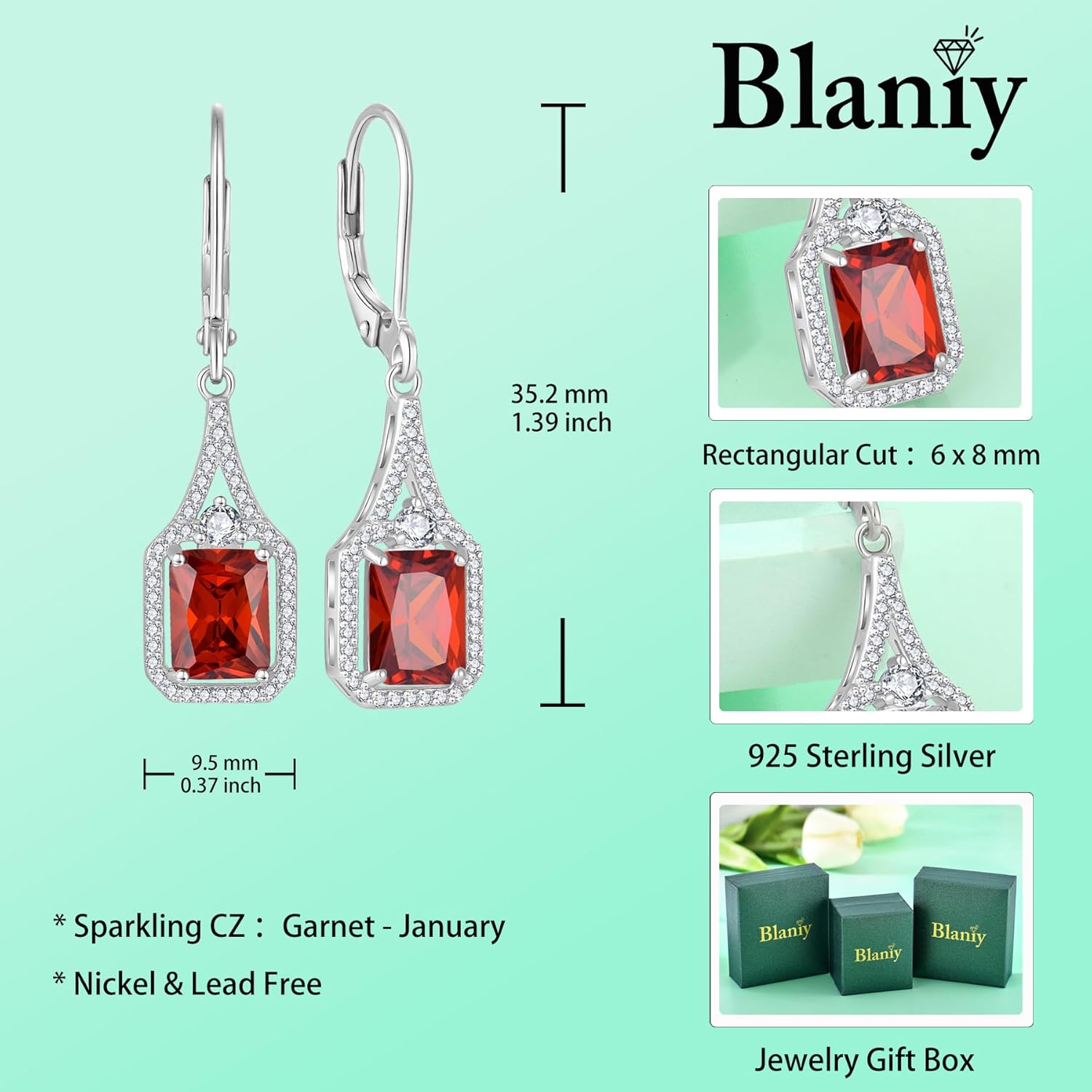 Emerald Cut Dangle Drop Earrings 925 Sterling Silver Halo Rectangular Leverback Earrings Birthstone Jewelry for Women