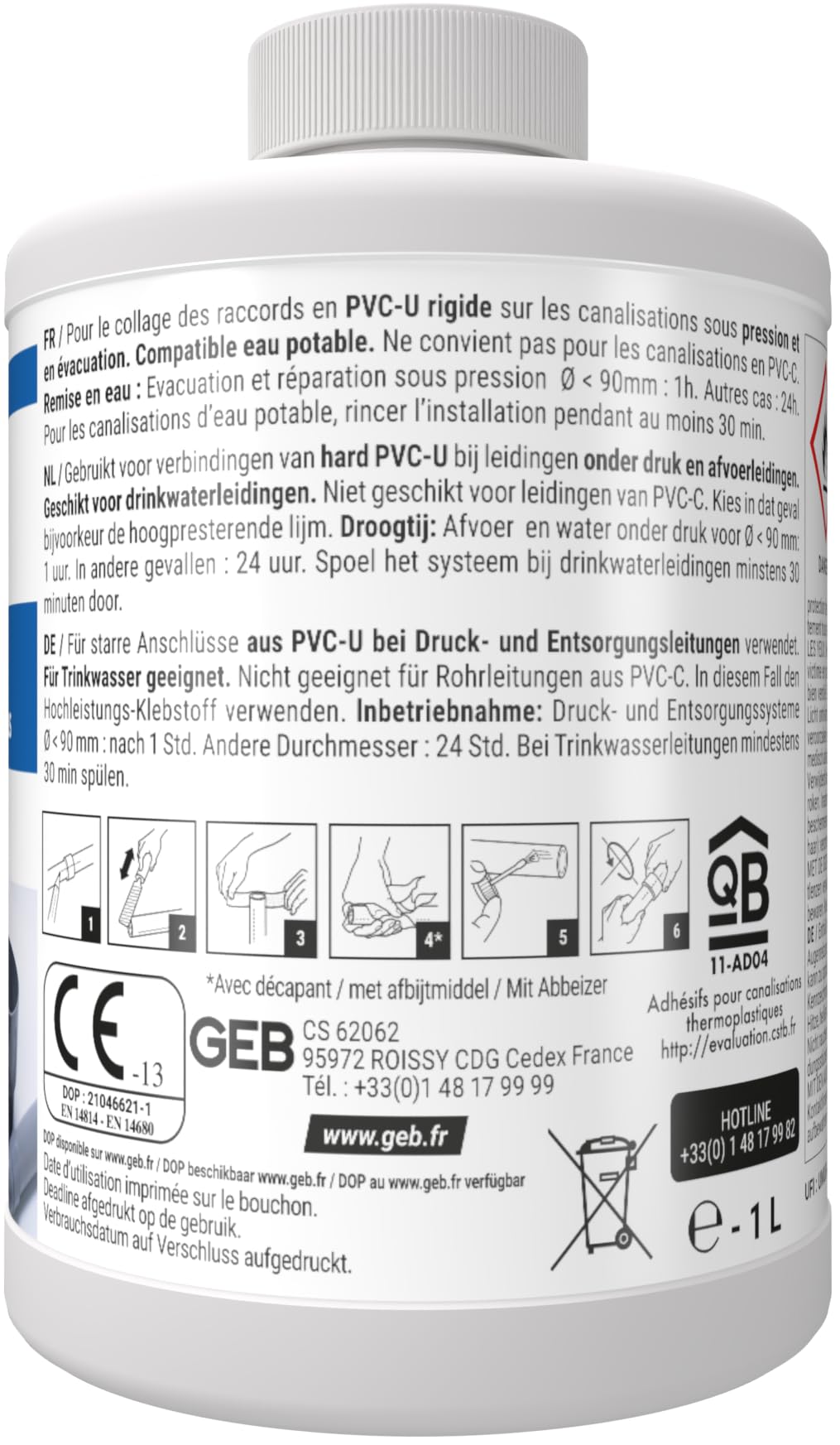 GEB - Pegamento de gel para PVC rígido a presión y evacuación de contacto con agua potable (1 L)