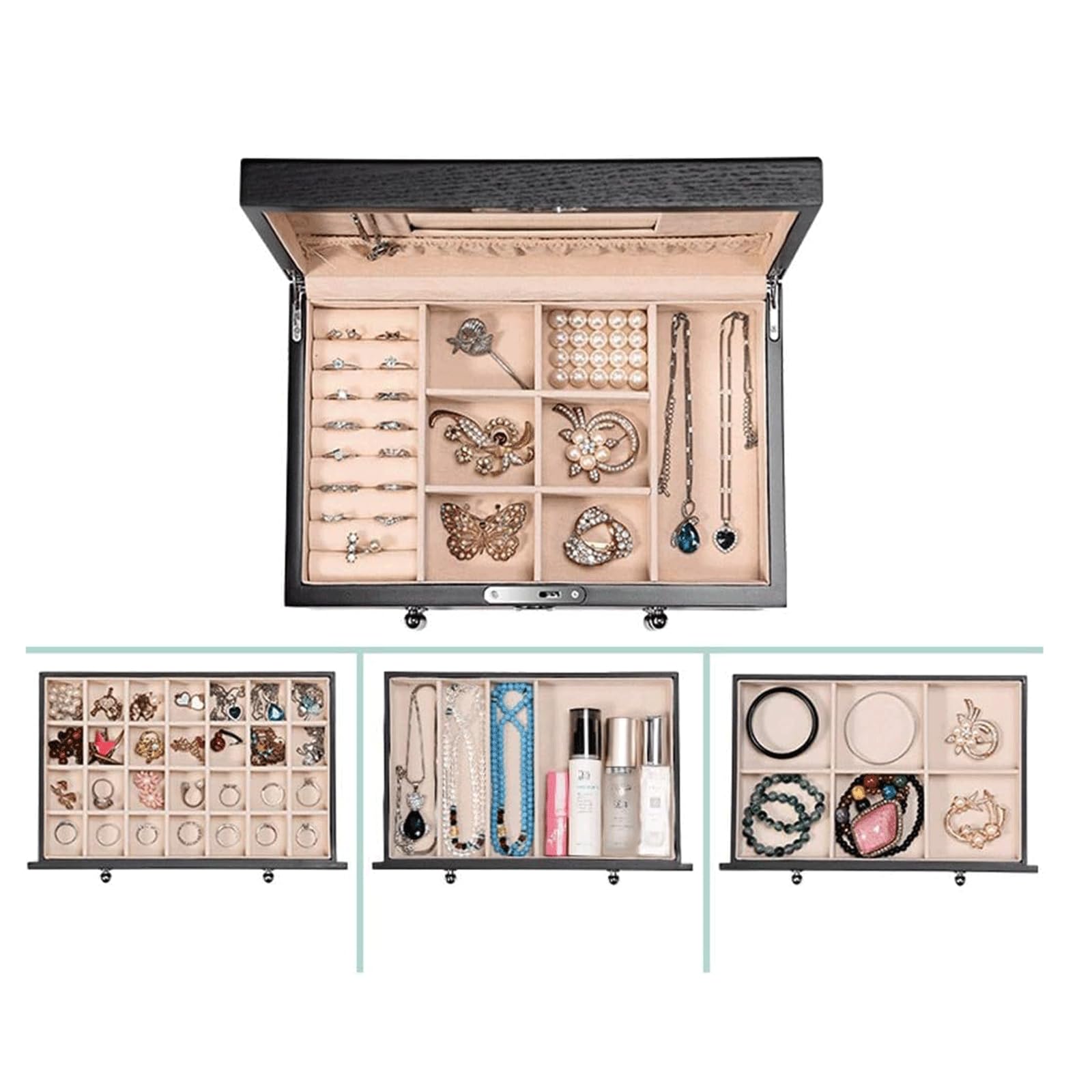 Joyero de madera de gran capacidad, caja organizadora de joyería de estilo Retro, caja de almacenamiento de joyería de maquillaje para mujer (negro) Beauty Comes