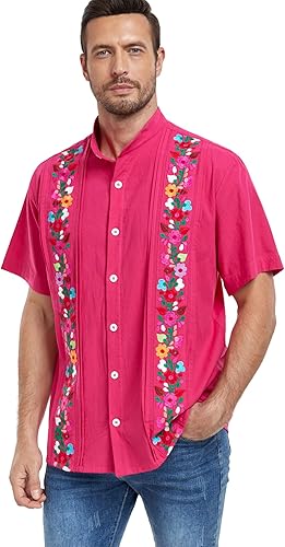 Miniatura 2 de YZXDORWJ Camisa cubana mexicana bordada tradicional con botones para hombre, cuello de banda de verano, manga corta