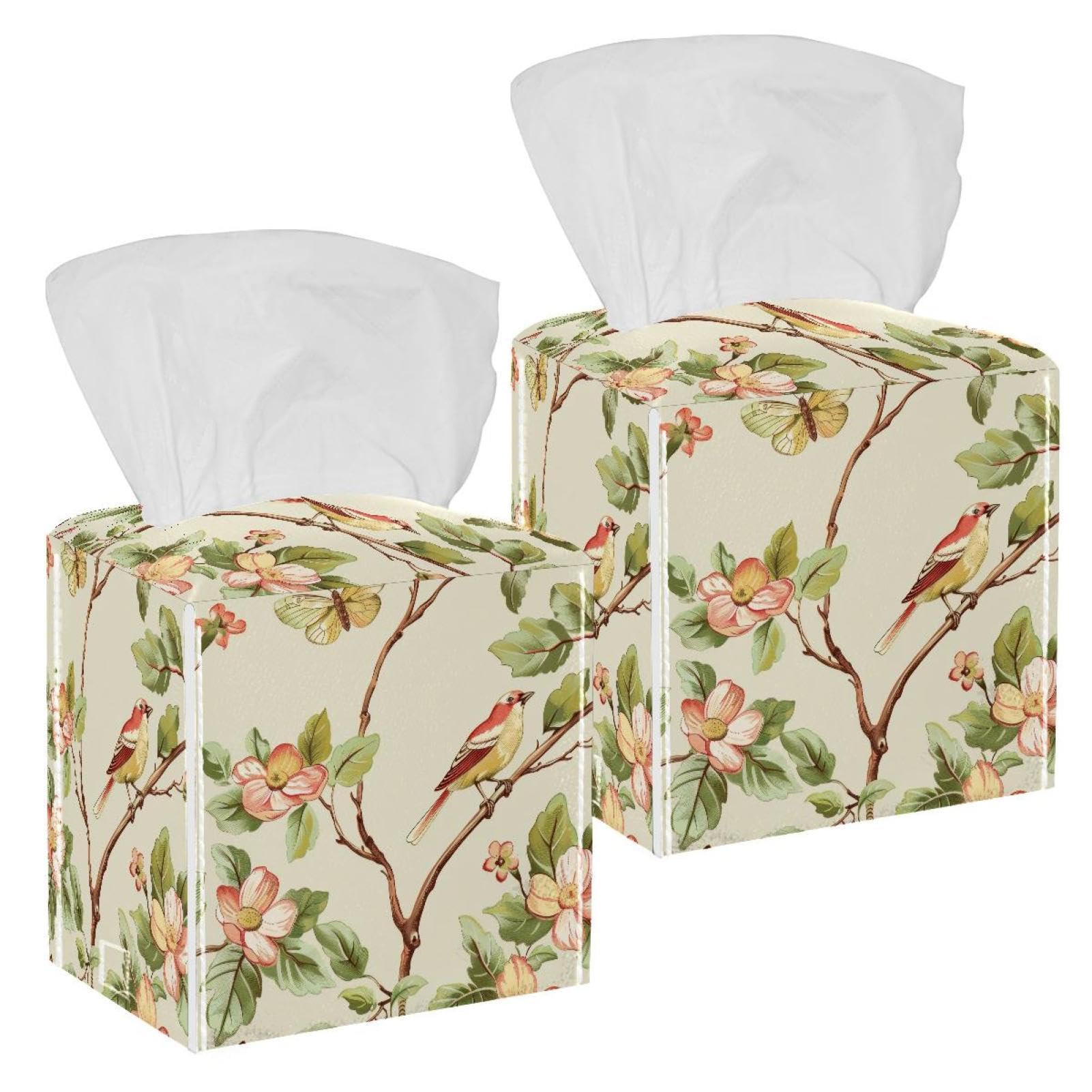 Flowers and Birds Tissue Box Cover, 2 Pack PU Leather Square Facial Tissue Dispenser Box holder for Home Office Car