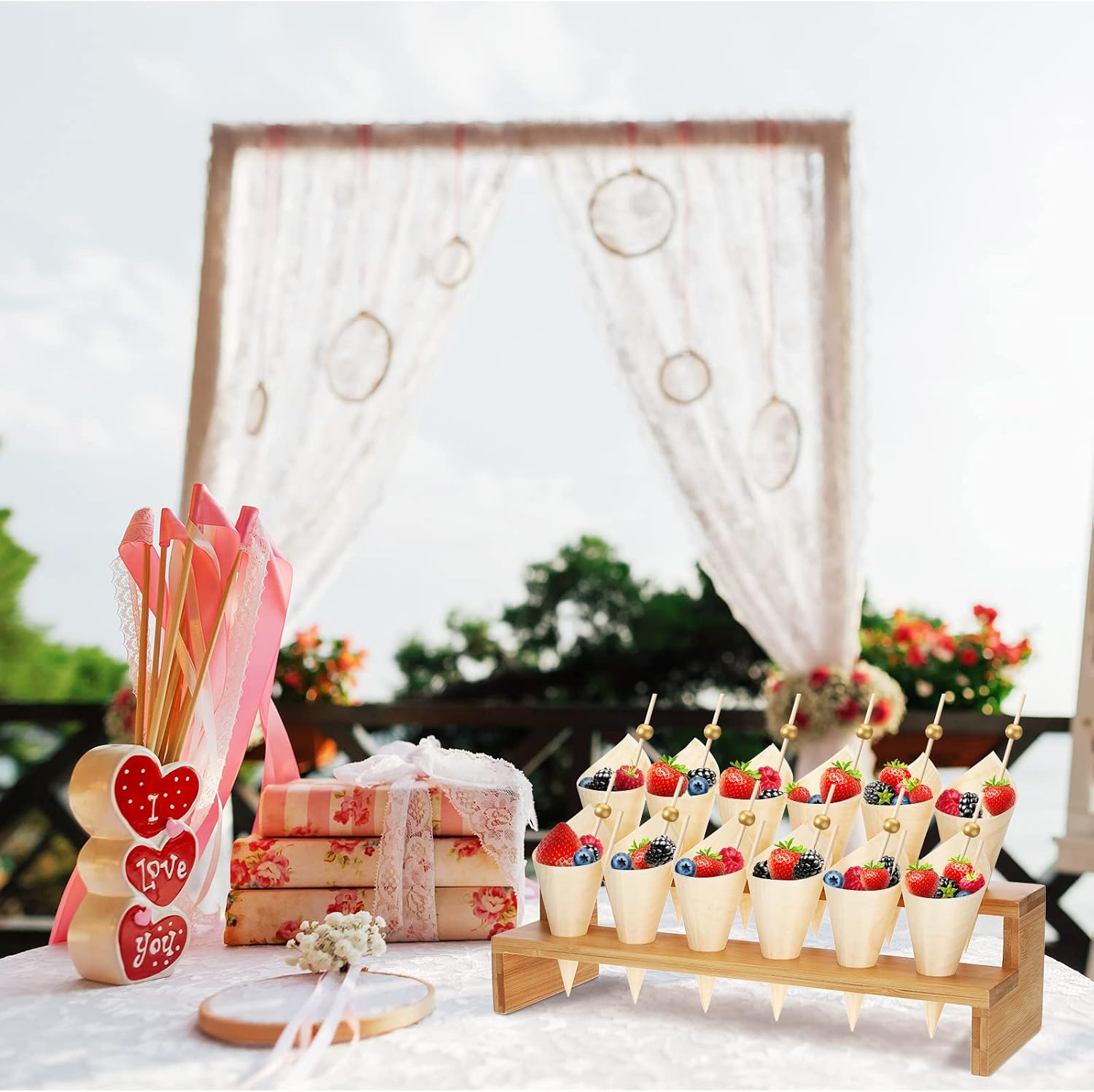 Queekay Food Cones 100 Pcs Disposable Paper Cone for Food with 12 Holes Wood Ice Cream Cone Holder Stand Charcuterie Cones Holder 100 Fancy Toothpicks for Catered Events Buffets Parties(Straight)